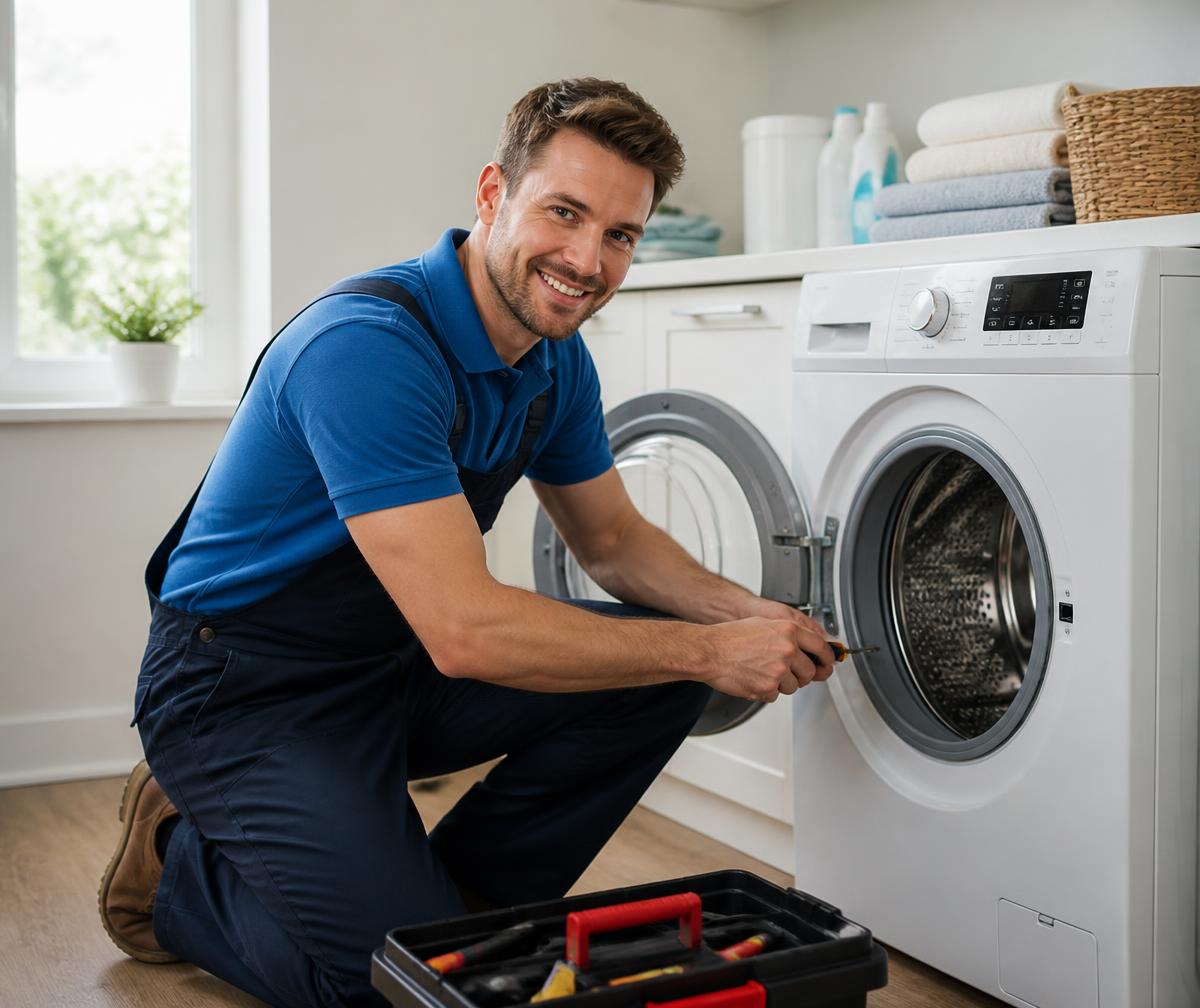 Technician repairing a washing machine